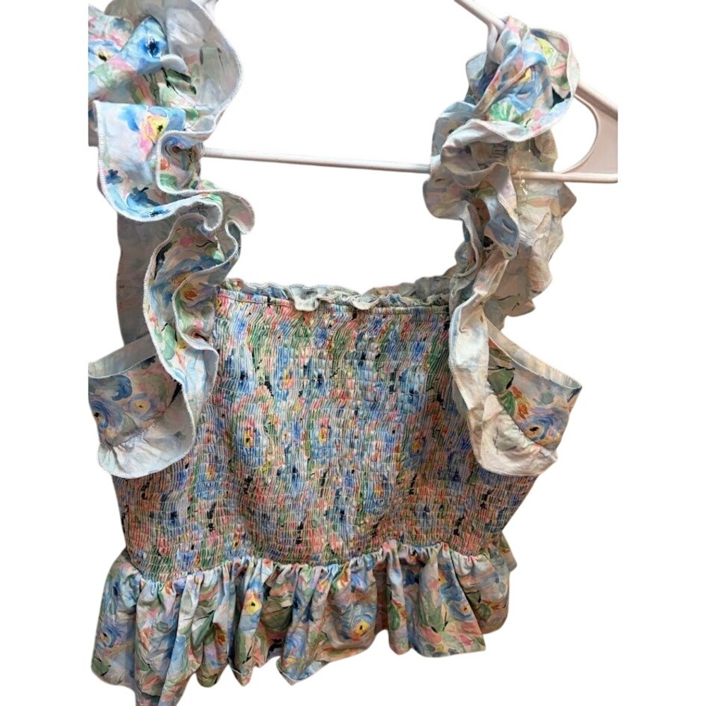 &merci Floral Smocked Crop Top Ruffle Strap Peplum Blouse Multi Color Large